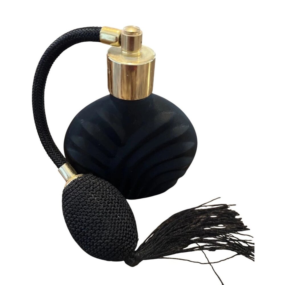 Vintage Perfume Atomizer Enesco Black Matte Satin Glass Fan Shell Bottle